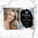 Convite Imagem azul preta de prata elegante 50º aniversári<br><div class="desc">Elegante convite floral feminino para o 50º aniversário com sua foto. Glam design com falso prata. Apresenta rosas azuis leves, fontes de script e confetti. Perfeito para uma festa de comemoração de na moda adulto. Personalize com seus próprios detalhes. Pode ser personalizado para qualquer idade! Impressos convites Zazzle ou modelo...</div>