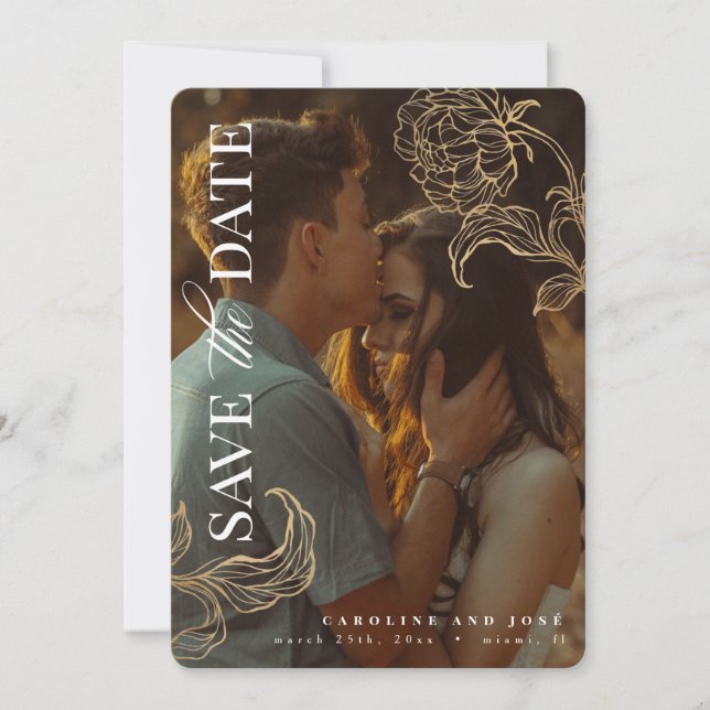 Convite Imagem Botânica de Folha Dourada Elegante Salvar a (Frente)