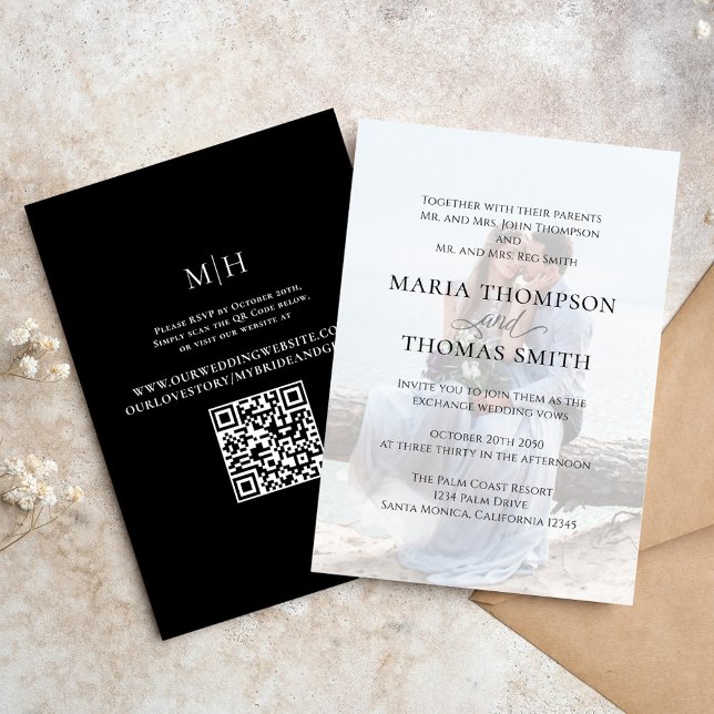 Convite Imagem Branca Negra Simples Elegante Moderno (Simple black and white photo wedding invitation with scannable QR code. )