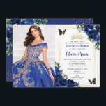 Convite Imagem das Borboletas da Quinceañera Blue<br><div class="desc">Personalize esta bonito Quinceañera, floral azul real / Foto de 16 anos / convite fácil e rápido. Basta clicar no botão personalizar para editar os textos, alterar as fontes e as cores das fontes. Apresentando vibrantes flores azuis reais, borboletas e sotaques dourados. Itens correspondentes disponíveis no repositório. c) Paperie fina...</div>