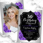 Convite Imagem de 50º aniversário do Elegante Silver Black<br><div class="desc">Elegante convite floral feminino de 50 anos com sua foto no final do cartão. Glam design com falso prata. Possui rosas roxos, fonte de script e confetti. Perfeito para uma festa de comemoração de na moda adulto. Personalize com seus próprios detalhes. Pode ser personalizado para qualquer idade! Impressos convites Zazzle...</div>