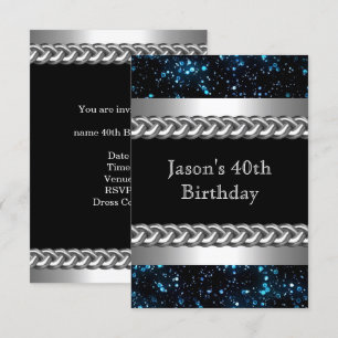 Convite Imagem de aniversário de homem em azul metal cromo