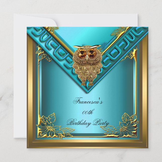 Convite Imagem de Coruja Dourada Azul Elite Elegante Festa (Frente)