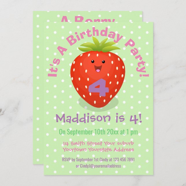 Convite Imagem de desenho animado de morango bonito (Frente/Verso)