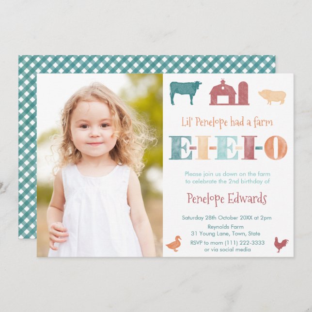 Convite Imagem de Festa de aniversário da velha MacDonald  (Frente/Verso)