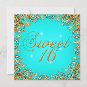 Convite Imagem de festa Sweet Sixteen dourado e azul turqu