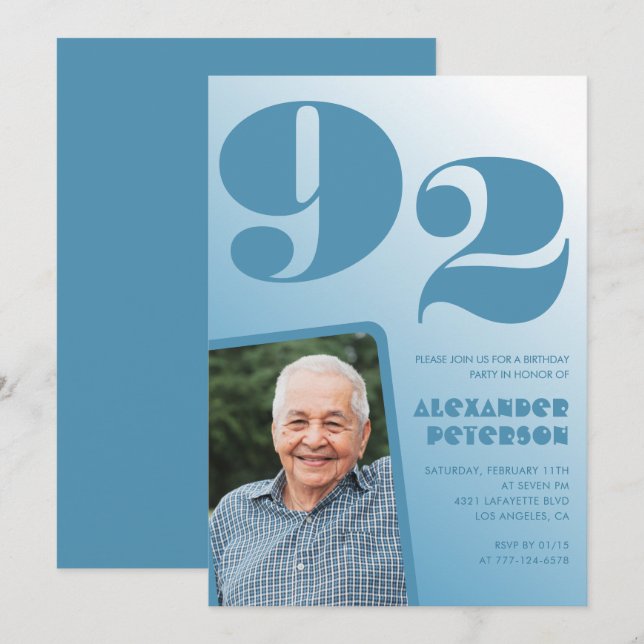 Convite Imagem de Gradiente Azul Retroativa 92.º aniversár (Frente/Verso)