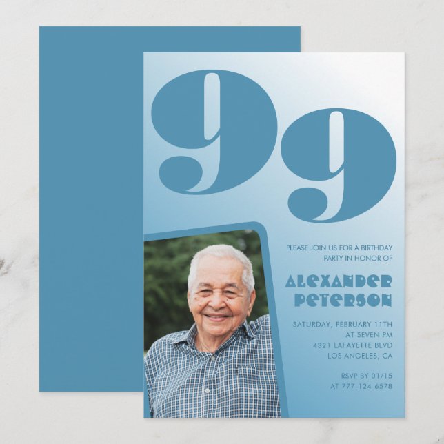 Convite Imagem de Gradiente Azul Retroativo - 99º aniversá (Frente/Verso)