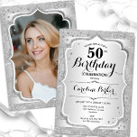 Convite Imagem de Prata das Mulheres Elegantes 50º Anivers<br><div class="desc">Elegante convite de 50 anos femininos com sua foto na parte de trás do cartão. Design com falso brilho de prata. Possui faixas prateadas, fonte de script e confetti. Perfeito para uma festa de comemoração de na moda adulto. Personalize com seus próprios detalhes. Pode ser personalizado para qualquer idade! Impressos...</div>