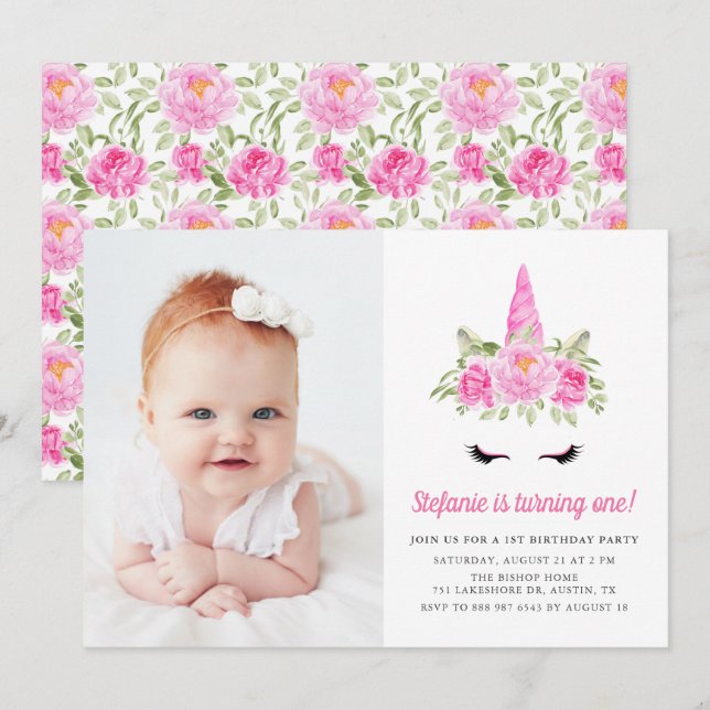 Convite Imagem de primeiro aniversario Floral Unicorn Cor- (Frente/Verso)