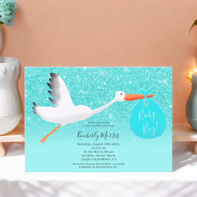 Convite Imagem do "baby boy chá" da bolsa de brilho de tem (Stork glitter bag illustration baby boy shower invitation)