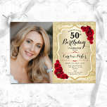 Convite Imagem do Elegante Dourado Rosa vermelha Foto 50º<br><div class="desc">Elegante convite floral feminino para o 50º aniversário com sua foto. Design de vidro com ouro brilhante falso. Recursos stripes, rosa vermelha, fonte de script e confetti. Perfeito para uma festa de comemoração de na moda adulto. Personalize com seus próprios detalhes. Pode ser personalizado para qualquer idade! Impressos convites Zazzle...</div>