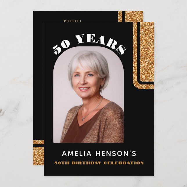 Convite Imagem Dourada brilhante Elegante Foto 50º Anivers (Frente/Verso)