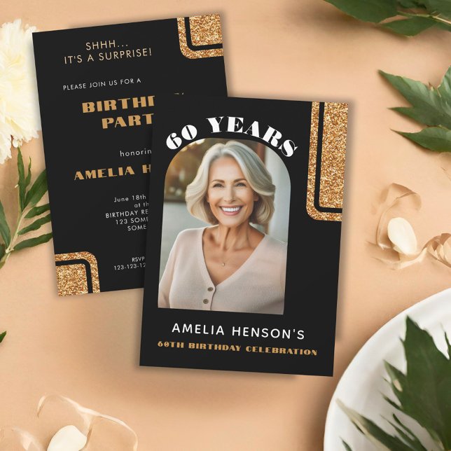 Convite Imagem Dourada brilhante Elegante Foto 60º Anivers (Criador carregado)