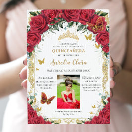 Convite Imagem Dourada da Quinceañera Rosa vermelha Floral