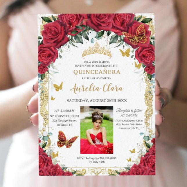 Convite Imagem Dourada da Quinceañera Rosa vermelha Floral (Criador carregado)