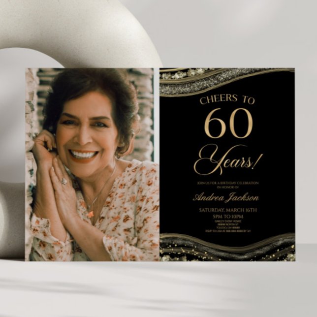 Convite Imagem Dourada preta de Agate 60.a Festa de aniver (Criador carregado)