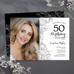 Convite Imagem Floral Branca Elegante 50º Aniversário<br><div class="desc">Convite de aniversário preto branco floral 50º com sua foto na frente da placa. Elegante design moderno com desenhos botânicos desenhados em destaque e letra de script de tipografia. Simples trendy convida cartão perfeito para uma festa de na moda. Pode ser personalizado para qualquer idade. Impressos convites Zazzle ou modelo...</div>