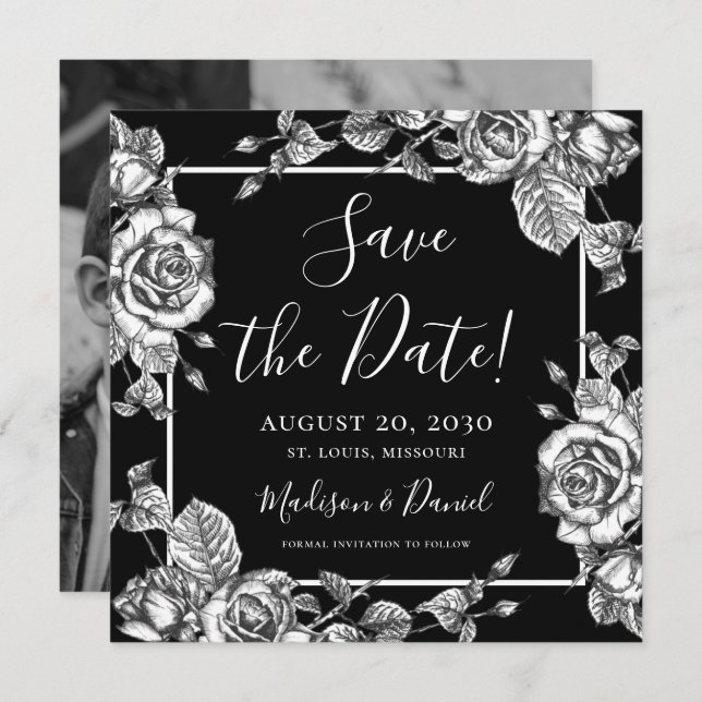Convite Imagem Floral Branco Preto Elegante Salvar a Data (Frente/Verso)