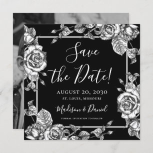 Convite Imagem Floral Branco Preto Elegante Salvar a Data