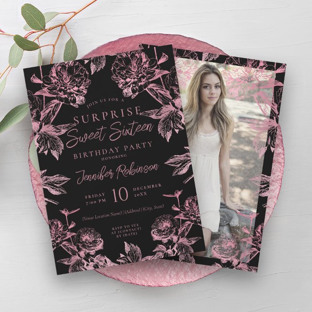 Convite Imagem Floral Dourada de Rosa preto SURPRISE Doce  (Black Rose Gold Floral Photo SURPRISE Sweet 16 Invitation)