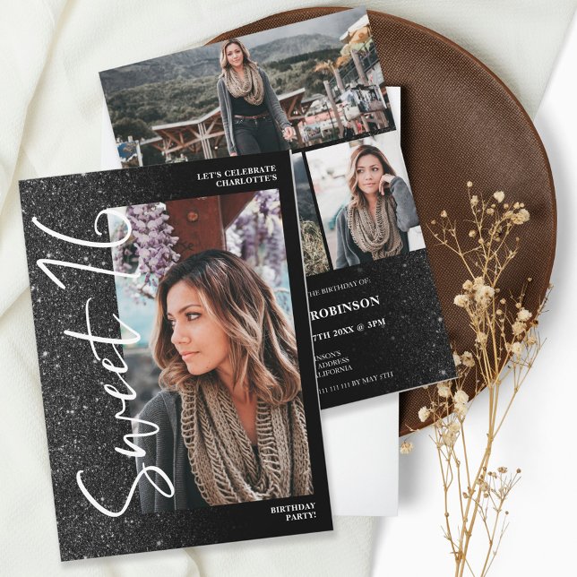 Convite Imagem fotográfica de brilho preto 4 fotos Sweet 1 (Criador carregado)