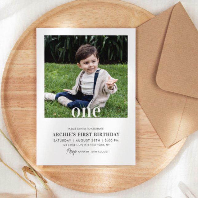 Convite Imagem Mínima de Foto do primeiro aniversario Edit (1st birthday boy invitations simple modern photo template )