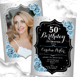 Convite Imagem Negra Azul Elegante Foto 50º Aniversário<br><div class="desc">Elegante convite floral feminino de 50 anos com sua foto no final do cartão. Glam design com falso prata. Apresenta rosas azuis leves, fontes de script e confetti. Perfeito para uma festa de comemoração de na moda adulto. Personalize com seus próprios detalhes. Pode ser personalizado para qualquer idade! Impressos convites...</div>