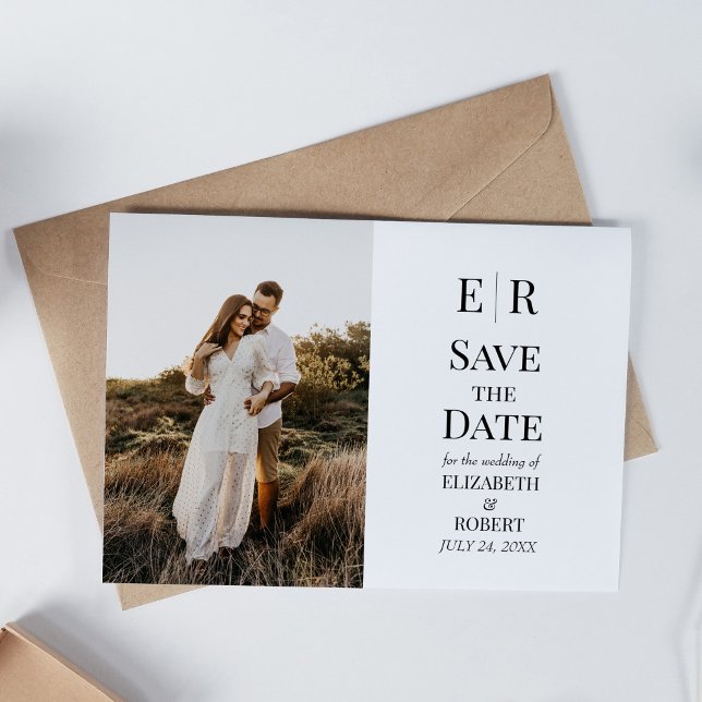 Convite Imagem personalizada do monograma legante Salvar o (Elegant Monogram Custom Photo Save the Date Card on white table)