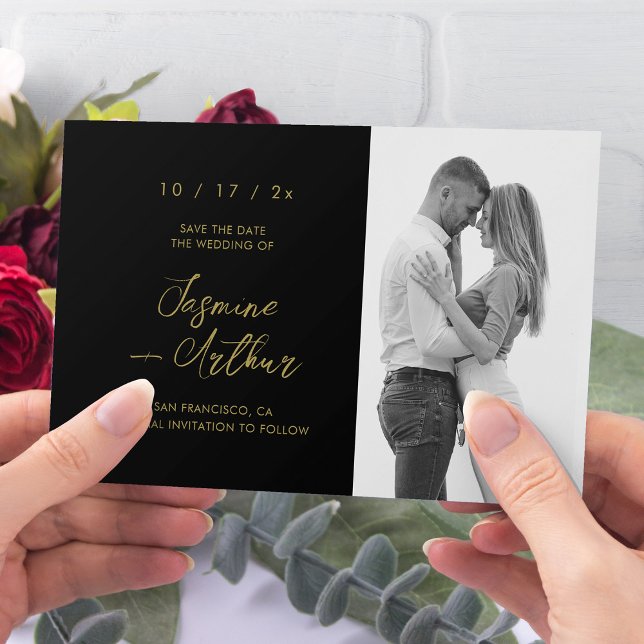 Convite Imagem Preta e Dourada Elegante Salvar a Data (Elegant Black & Gold Photo Save the Date Invitatio)