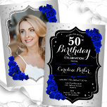 Convite Imagem Real Azul de Prata Elegante 50º Aniversário<br><div class="desc">Elegante convite floral feminino de 50 anos com sua foto no final do cartão. Glam design com falso prata. Apresenta rosas azuis reais, fonte de script e confetti. Perfeito para uma festa de comemoração de na moda adulto. Personalize com seus próprios detalhes. Pode ser personalizado para qualquer idade! Impressos convites...</div>