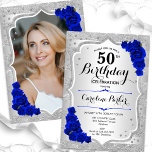 Convite Imagem Real Azul de Prata Elegante 50º Aniversário<br><div class="desc">Elegante convite floral feminino de 50 anos com sua foto no final do cartão. Design com falso brilho de prata. Possui faixas prateadas, rosas azuis reais, fontes de script e confetti. Perfeito para uma festa de comemoração de na moda adulto. Personalize com seus próprios detalhes. Pode ser personalizado para qualquer...</div>