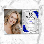 Convite Imagem Real Azul de Prata Elegante 50º Aniversário<br><div class="desc">Elegante convite floral feminino para o 50º aniversário com sua foto. Design com falso brilho de prata. Apresenta faixas, rosas azuis reais, fontes de script e confetti. Perfeito para uma festa de comemoração de na moda adulto. Personalize com seus próprios detalhes. Pode ser personalizado para qualquer idade! Impressos convites Zazzle...</div>