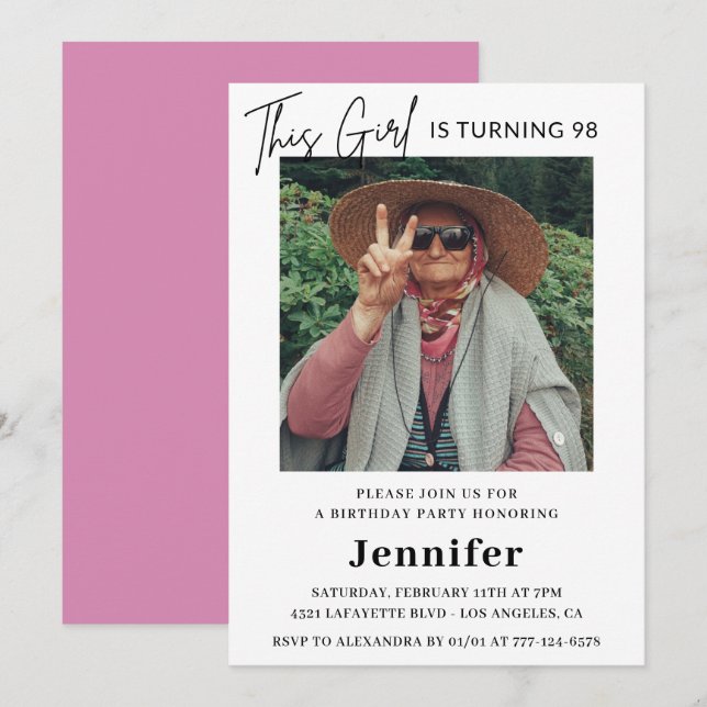 Convite Imagem rosa e divertida elegante 98 anos (Frente/Verso)