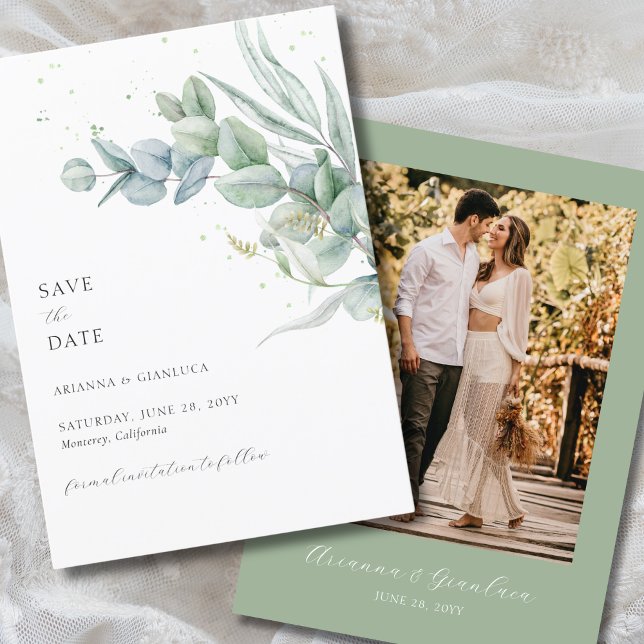 Convite Imagem verde do Elegante Sage Simple Salvar a Data (Elegant, sage green, save the date card with watercolor greenery, calligraphy script and photo)