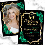 Convite Imagem Verde Dourada Elegante - 50º Aniversário<br><div class="desc">Elegante convite de 50 anos florais com sua foto no fundo do cartão. Design verde brilhante e esmeralda com ouro brilhante. Apresenta rosas verdes, fonte de script e confetti. Perfeito para uma festa de comemoração de na moda adulto. Personalize com seus próprios detalhes. Pode ser personalizado para qualquer idade! Impressos...</div>