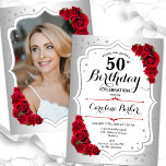 Convite Imagem Vermelha Branca Elegante 50º Aniversário<br><div class="desc">Elegante convite floral feminino de 50 anos com sua foto no final do cartão. Glam design com falso prata. Apresenta rosa vermelha, fonte de script e confetti. Perfeito para uma festa de comemoração de na moda adulto. Personalize com seus próprios detalhes. Pode ser personalizado para qualquer idade! Impressos convites Zazzle...</div>