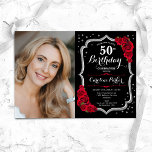 Convite Imagem Vermelha Elegante Black Silver 50º Aniversá<br><div class="desc">Elegante convite de 50 anos florais com sua foto. Design vermelho preto de vidro com prata brilhante. Apresenta rosa vermelha, fonte de script e confetti. Perfeito para uma festa de comemoração de na moda adulto. Personalize com seus próprios detalhes. Pode ser personalizado para qualquer idade! Impressos convites Zazzle ou modelo...</div>
