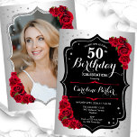Convite Imagem Vermelha Preta Elegante Silver 50º Aniversá<br><div class="desc">Elegante convite floral feminino de 50 anos com sua foto no final do cartão. Glam design com falso prata. Apresenta rosa vermelha, fonte de script e confetti. Perfeito para uma festa de comemoração de na moda adulto. Personalize com seus próprios detalhes. Pode ser personalizado para qualquer idade! Impressos convites Zazzle...</div>