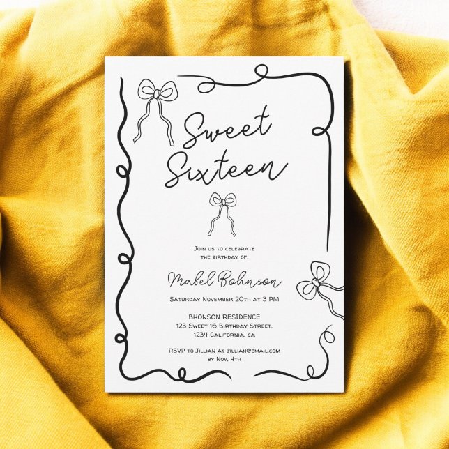 Convite Imagens de fitas de arcos bonitos pretos Doces 16 (Black cute bows ribbons illustrations Sweet 16 Invitation)