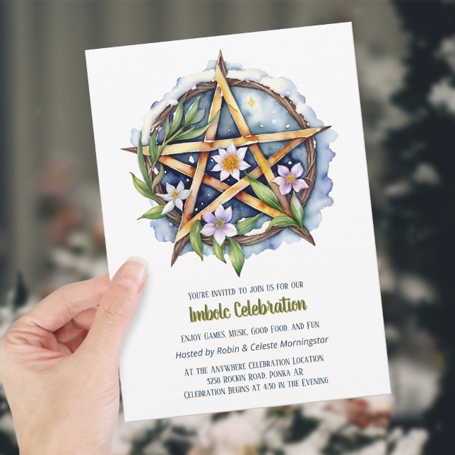 Convite Imbolc Floral Snowy Pentacle Wiccan Holiday (Imbolc Floral Snowy Pentacle Wiccan Holiday Invitation)
