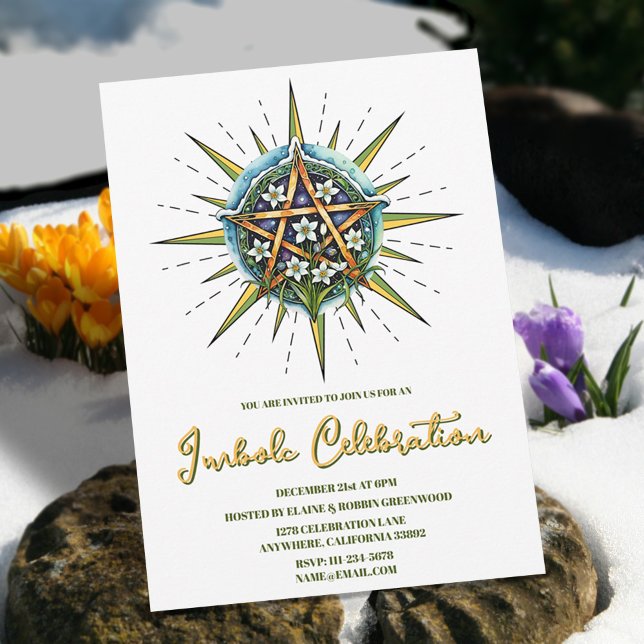 Convite Imbolc Sunshine Snowdrop Pentacle Pagan Holiday (Imbolc Sunshine Snowdrop Pentacle Pagan Holiday Invitation)