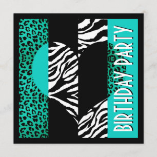 Convite Impressão Animal Aqua Azul Leopardo Negro e Zebra