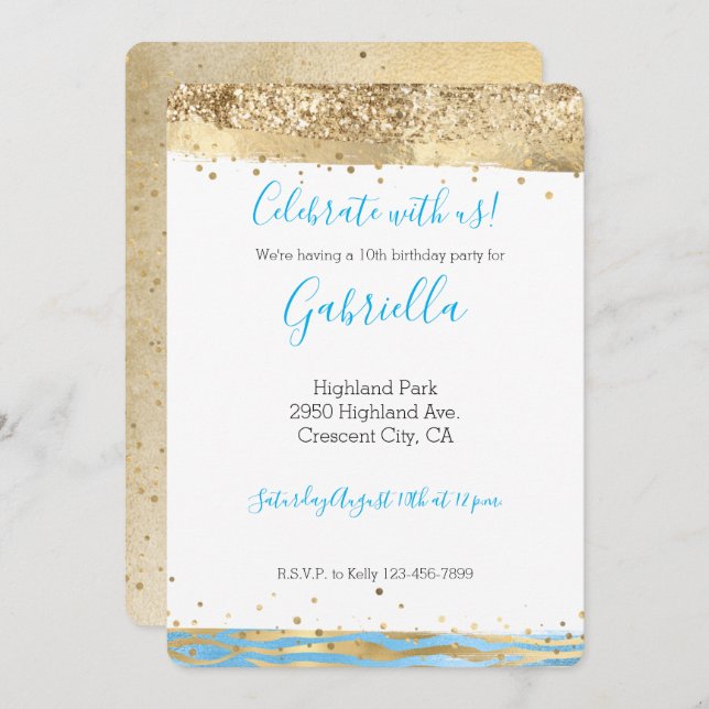 Convite Impressão de Animal Brilho Azul Água Dourado Confe (Frente/Verso)