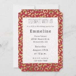 Convite Impressão de Glam Leopardo Dourado Vermelho