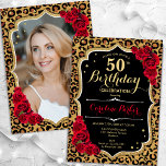 Convite Impressão de Leopard Foto Dourada 50º Aniversário<br><div class="desc">Elegante convite de 50 anos femininos com sua foto na parte de trás do cartão. Design preto de vidro com impressão de leopardo animal e ouro brilhante falso. Apresenta rosa vermelha, fonte de script e confetti. Perfeito para uma festa de comemoração de na moda adulto. Personalize com seus próprios detalhes....</div>