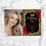 Convite Impressão de Leopard Foto Dourada Vermelha Preta 5<br><div class="desc">Elegante convite floral feminino para o 50º aniversário com sua foto. Design vermelho preto de vidro com ouro brilhante. Possui impressão de leopardo animal, rosas vermelhas, fonte de script e confetti. Perfeito para uma festa de comemoração de na moda adulto. Personalize com seus próprios detalhes. Pode ser personalizado para qualquer...</div>