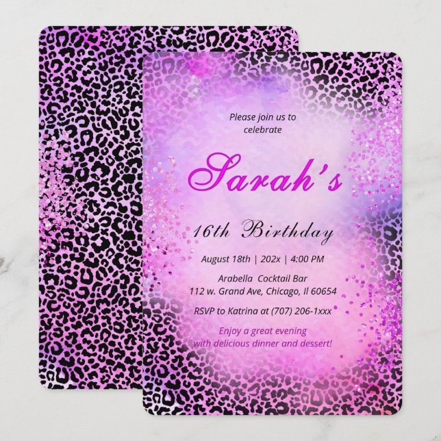 Convite Impressão de Leopardo Doce 16  Brilho Rosa (Frente/Verso)