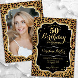 Convite Impressão de Leopardo Dourado preto Foto 50º anive<br><div class="desc">Elegante convite de 50 anos femininos com sua foto na parte de trás do cartão. Design preto de vidro com impressão de leopardo animal e ouro brilhante falso. Possui fonte de script e confetti. Perfeito para uma festa de comemoração de na moda adulto. Personalize com seus próprios detalhes. Pode ser...</div>