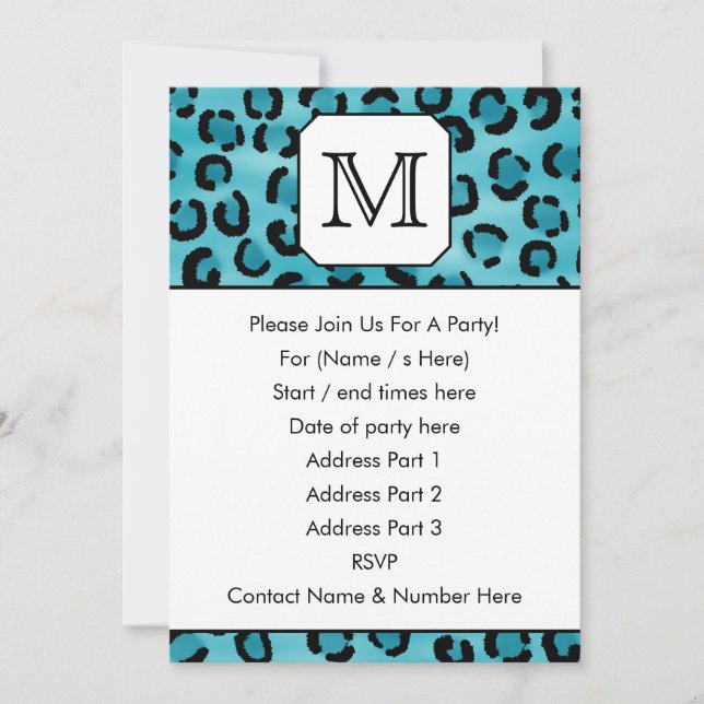 Convite Impressão De Leopardo Teal, Monograma Personalizad (Frente)